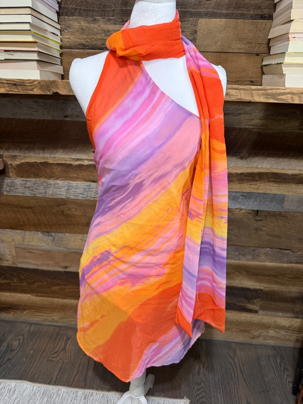 Vibrant Orange-Pink Halter Dress with Scarf